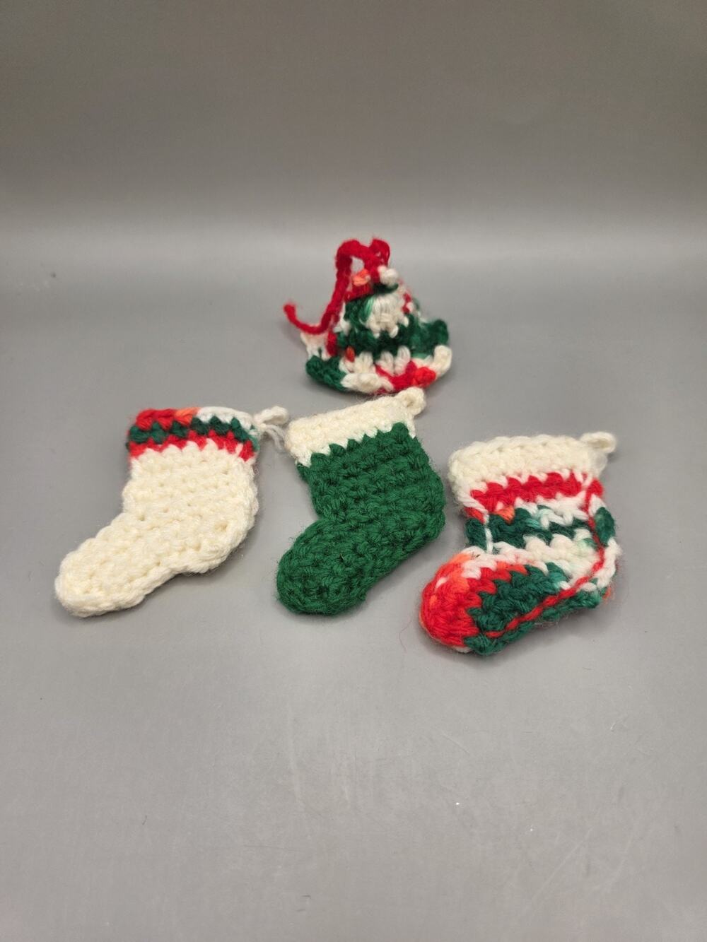 Vintage Crocheted Christmas Ornaments Lot of 4 Mini Stockings & Hat Handmade